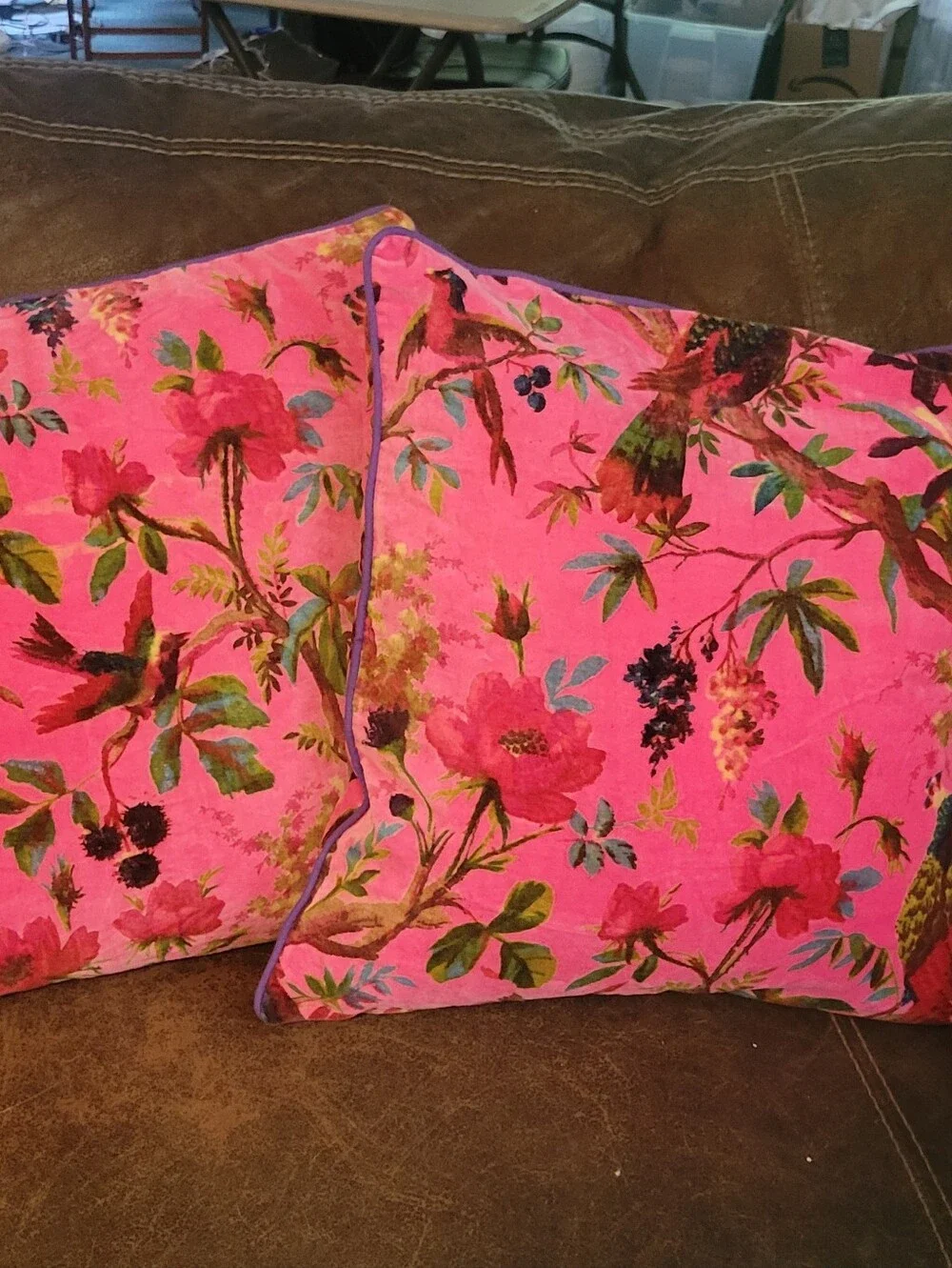 Eyes of India Velvet Floral Bird Throw Pillows Set of 2 Pink Boho Maximalist 20